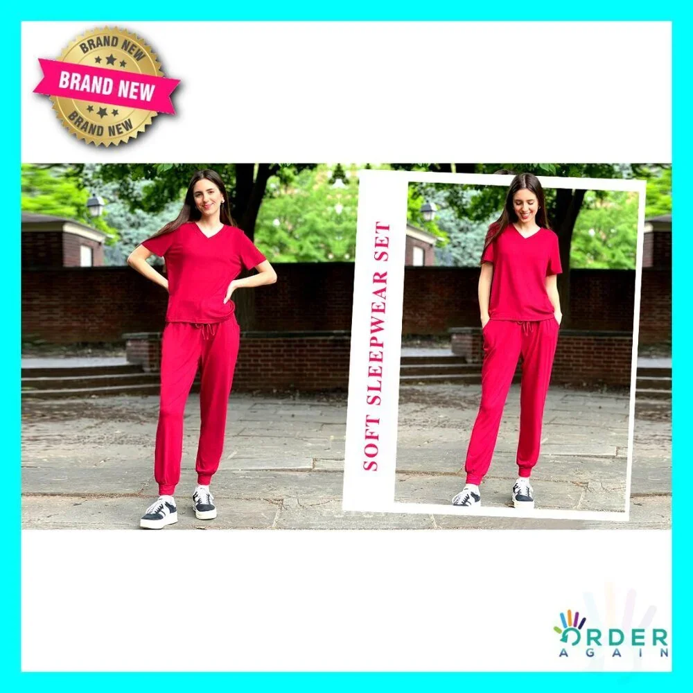 V-Neck Short Sleeve Tops Long Pants Tracksuit Lounge Jogger Set with Pockets